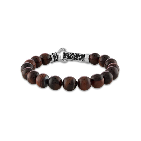 10MM Round Tiger Eye Beaded Bracelet in Stainless Steel