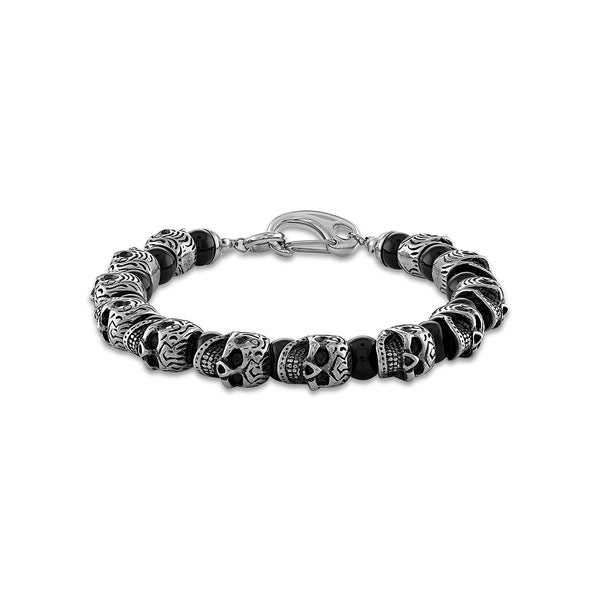 8MM Round Onyx Beaded Bracelet in Stainless Steel