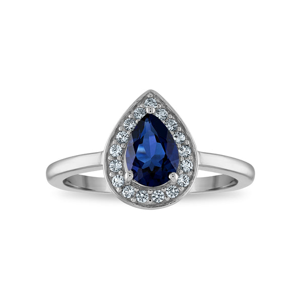 7X5MM Pear Ceylon Sapphire and White Sapphire Halo Ring in Rhodium Plated Sterling Silver