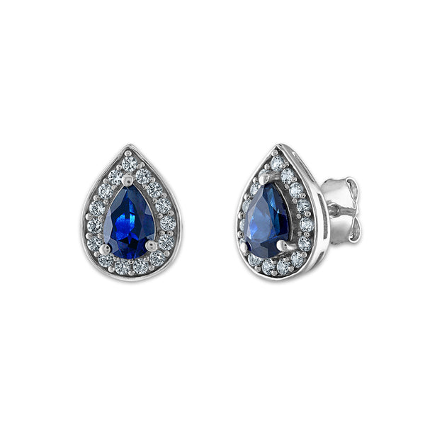 6X4MM Pear Ceylon Sapphire and White Sapphire Halo Stud Earrings in Rhodium Plated Sterling Silver