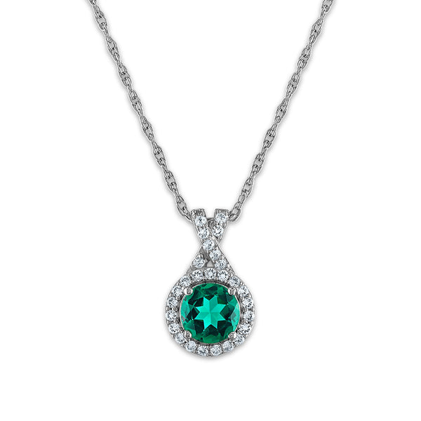 6MM Round Emerald and Sapphire Halo Fashion 18" Pendant in Rhodium Plated Sterling Silver