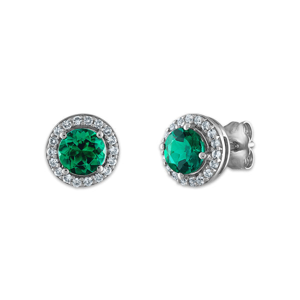 5MM Round Emerald and White Sapphire Halo Stud Earrings in Rhodium Plated Sterling Silver