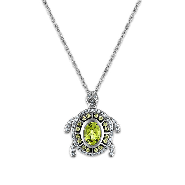 7X5MM Oval Peridot and White Sapphire Fashion Turtle 18" Pendant in Rhodium Plated Sterling Silver