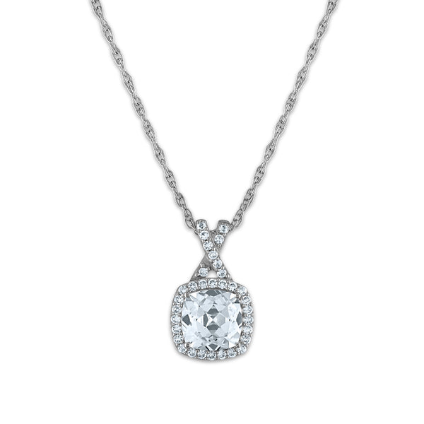 7MM Cushion Sapphire and White Sapphire Halo Fashion 18" Pendant in Rhodium Plated Sterling Silver