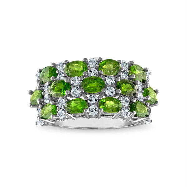 4X3MM Oval Chrome Diopside and White Topaz Fashion Ring in Rhodium Plated Sterling Silver
