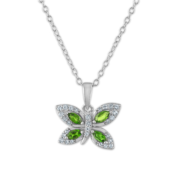 4X2MM Marquise Chrome Diopside and White Topaz Fashion Butterly 18" Pendant in Rhodium Plated Sterling Silver
