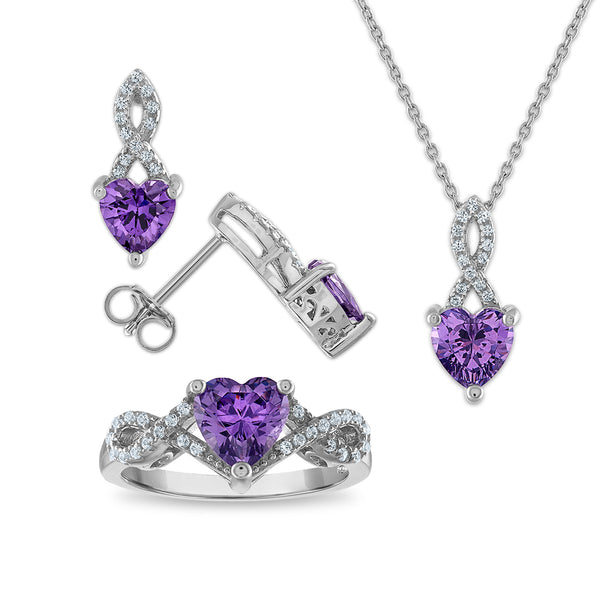 Amethyst and White Sapphire Ring Pendant Earrings Set in Sterling Silver