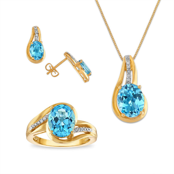 Blue Topaz & White Sapphire Ring Pendant Earrings Set in Gold Plated Silver