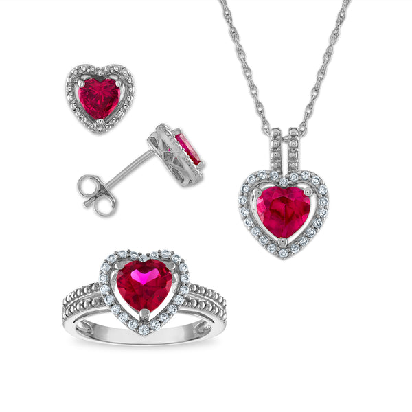 Ruby and White Sapphire Ring Pendant Earrings Set in Sterling Silver