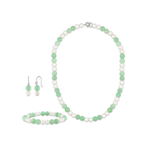 Jade and Pearl Necklace Bracelet Earrings Set in Sterling Silver