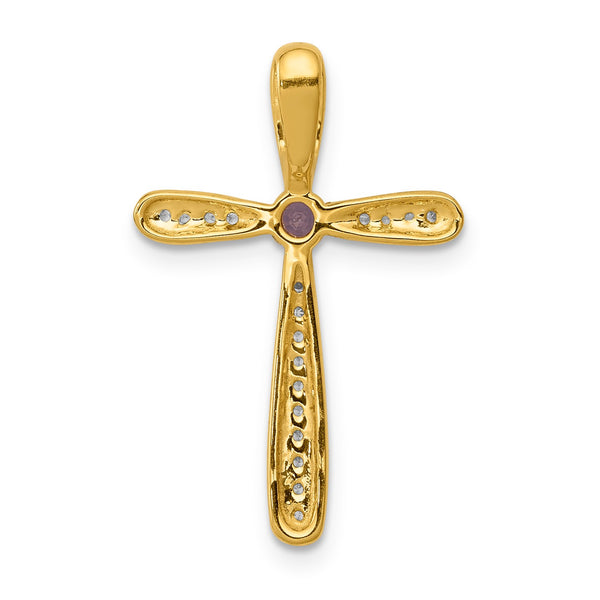 3MM Round Amethyst and Diamond Cross Pendant-Chain Not Included in 14KT Yellow Gold