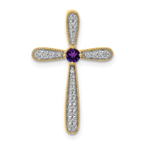 3MM Round Amethyst and Diamond Cross Pendant-Chain Not Included in 14KT Yellow Gold