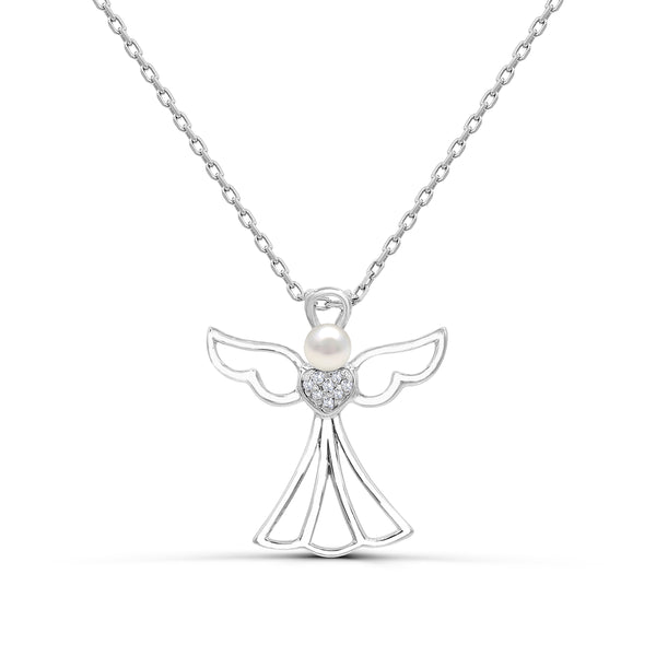 3.5MM Round Pearl and White Sapphire Angel 18" Pendant in Sterling Silver