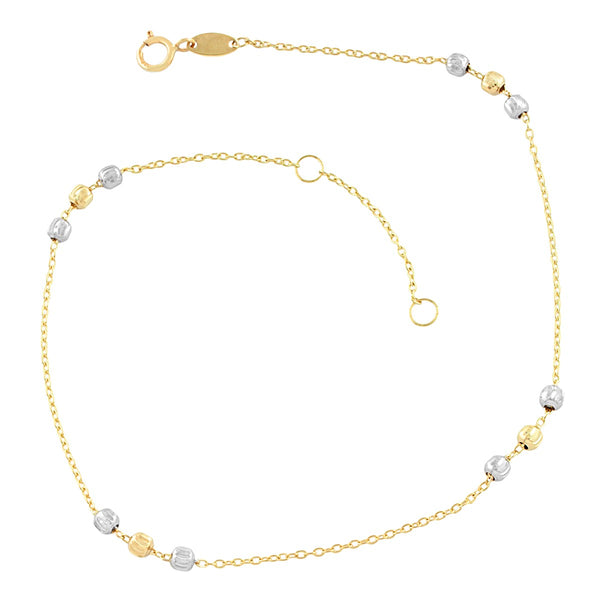 10KT White and Yellow Gold 10" Adjustable Beaded Anklet