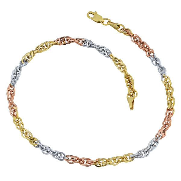 10KT Gold Tri-Color 10" Double Cable Link Anklet