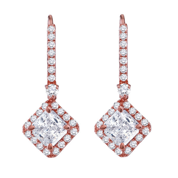 14KT Rose Gold Plated Sterling Silver Princess Cut Cubic Zirconia Leverback Earrings