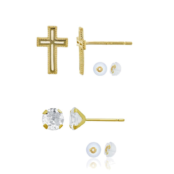 14KT Yellow Gold 6MM Round Cubic Zirconia Cross Stud 2-Pair Earrings
