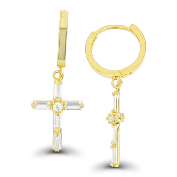 14KT Yellow Gold Baguette Cubic Zirconia Drop & Dangle Cross Earrings