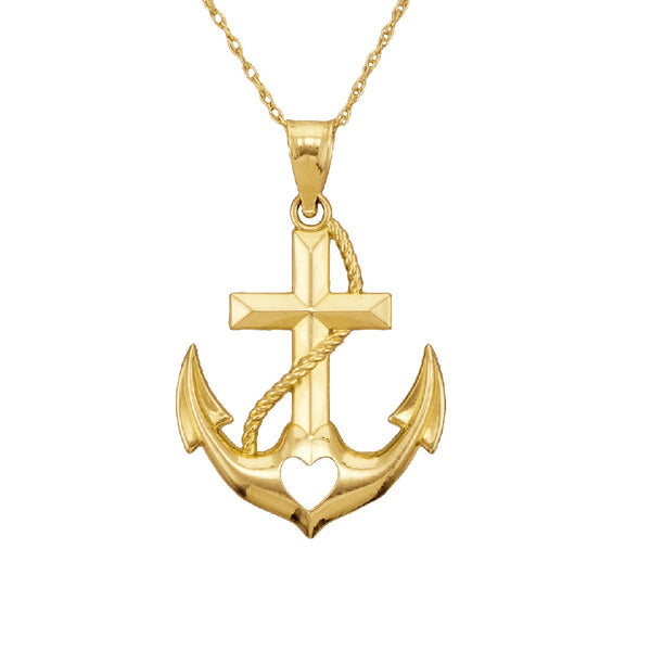 14KT Gold 18" Faith Hope Love Cross with Anchor