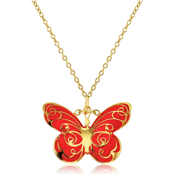 10KT Yellow Gold 20X25MM 18" Butterfly Enamel Pendant