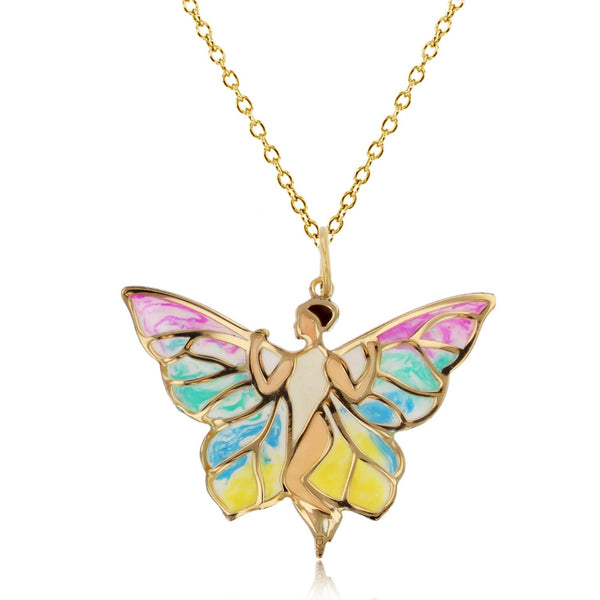 10KT Yellow Gold 29X31MM 18" Butterfly Fairy Pendant