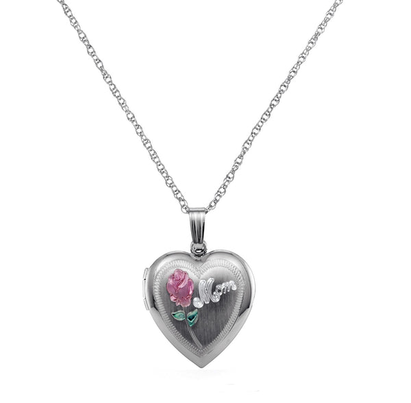 Sterling Silver 19MM 18" Locket Heart Mom Flower Pendant