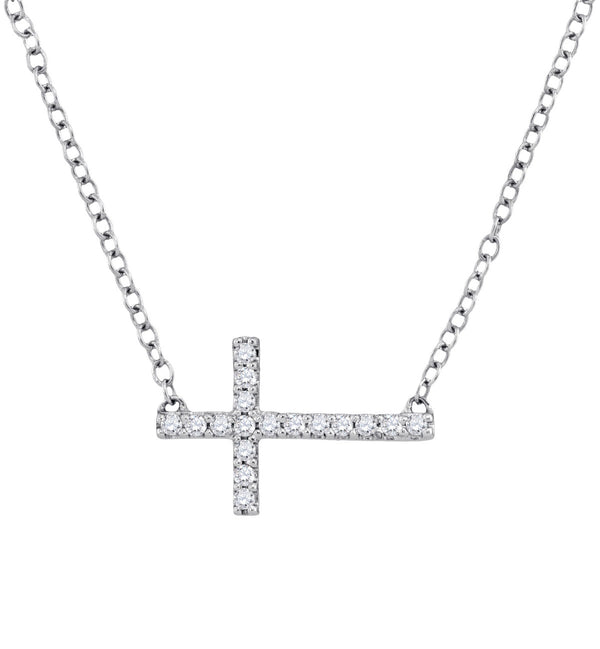 Rhodium Plated Sterling Silver Diamond 18" Cross Sideway Pendant