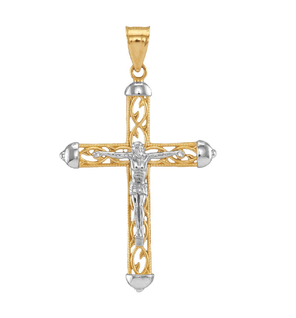 14KT White and Yellow Gold 40X27MM Crucifix Cross Pendant-Chain Not Included