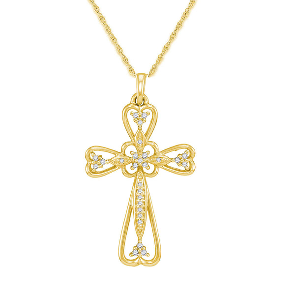 10KT Yellow Gold 1/8 CTW Diamond 18" Cross Pendant