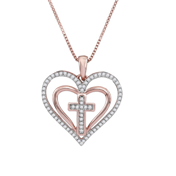 10KT Rose Gold 1/5 CTW Diamond 18" Cross Heart Pendant
