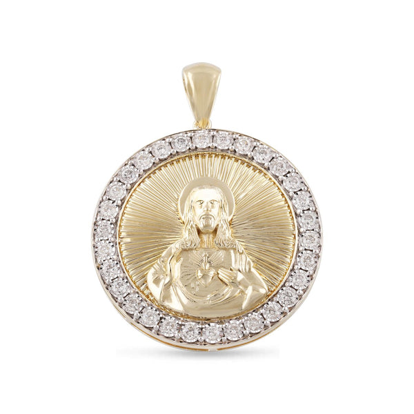 10KT White and Yellow Gold 1-1/4 CTW Round Diamond 35MM Religious Sacred Heart of Jesus Pendant-Chain Not Included