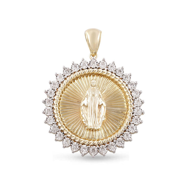10KT Yellow Gold 1-1/4 CTW Round Diamond 35MM Guadalupe Medal Pendant-Chain Not Included