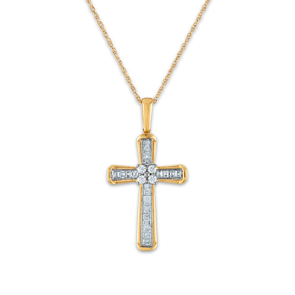 10KT White and Yellow Gold 1/5 CTW Round Diamond 26X14MM 18" Cross Pendant