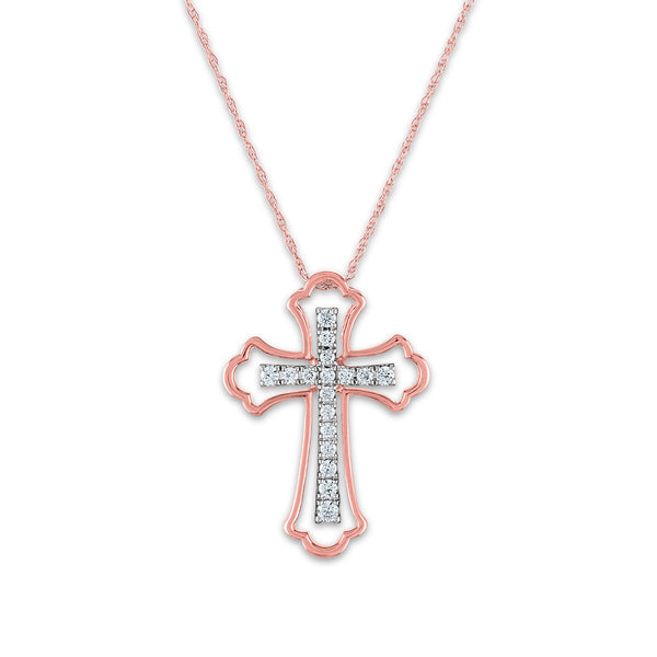 10KT White and Rose Gold 1/4 CTW Diamond 24X17MM 18" Cross Pendant
