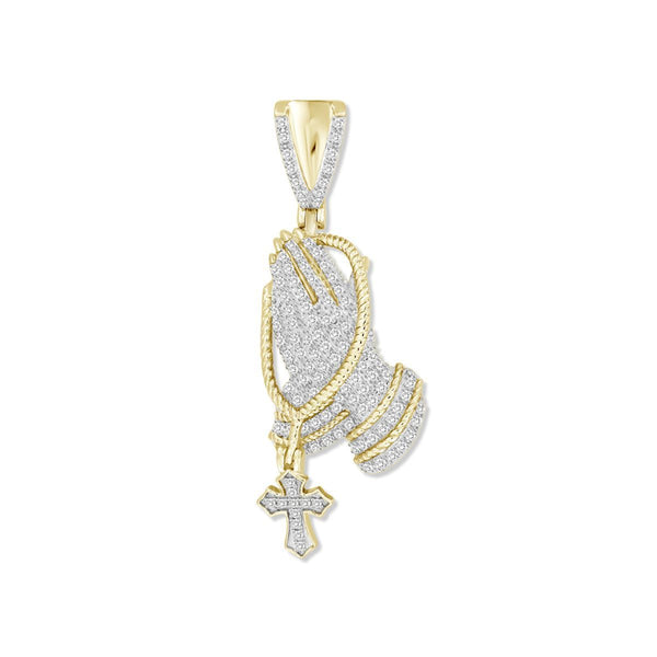 10KT Yellow Gold 1/3 CTW Diamond 39X13MM Praying Hand With Rosary Charm