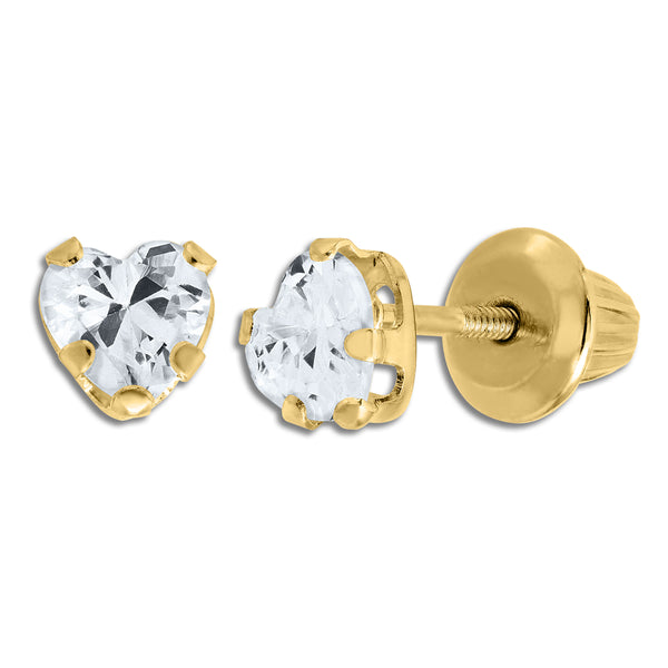 Kiddie Kraft 14KT Yellow Gold Heart Shape Cubic Zirconia Childrens Heart Stud Earrings