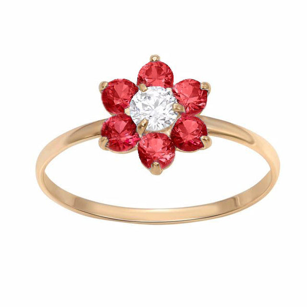 10KT Yellow Gold Ruby Childrens Birthstone Flower Ring; Size 3