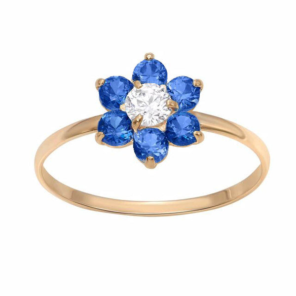 10KT Yellow Gold Blue Sapphire Childrens Birthstone Flower Ring; Size 3