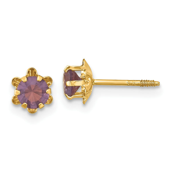 14KT Yellow Gold 4MM Synthetic Amethyst Birthstone Earrings