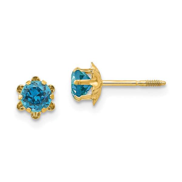 4MM Round Swiss Blue Topaz Birthstone Earrings in 14KT Yellow Gold