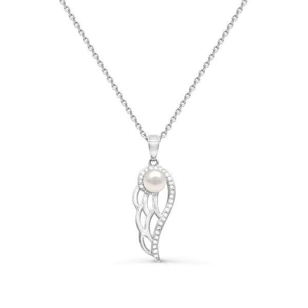 4.5MM Round Pearl and White Sapphire Angel Wings 18" Pendant in Sterling Silver