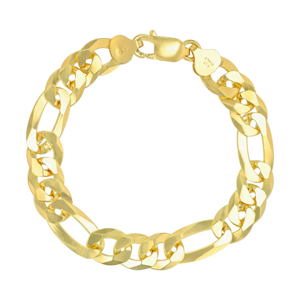 14KT Yellow Gold Plated Sterling Silver 8.5" 9.7MM Pave Figaro Bracelet