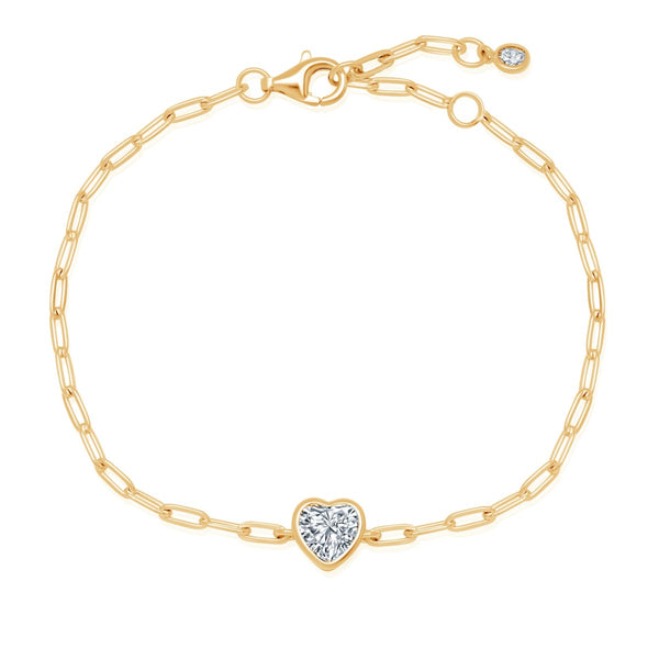 Crislu 18KT Yellow Gold Plated Sterling Silver Cubic Zirconia 7.5" Heart Paperclip Bracelet