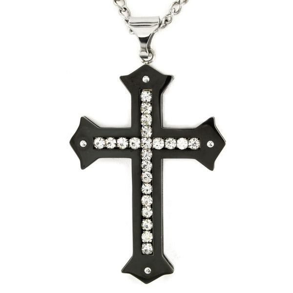 Black Stainless Steel Round Cubic Zirconia 24" Cross Pendant