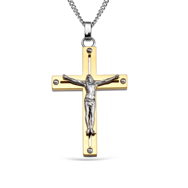 Two-Tone Stainless Steel 24" Crucifix Cross Pendant