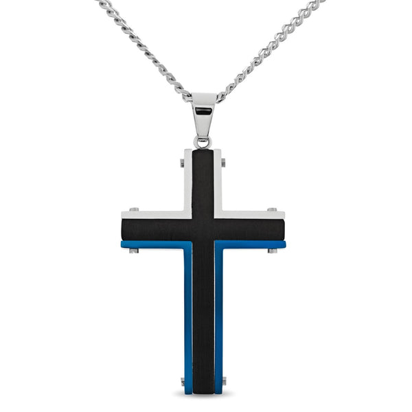 Black and Blue Stainless Steel 24" Cross Pendant
