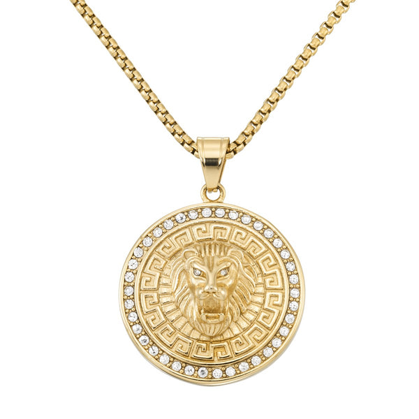 King by Simone I Smith Yellow Stainless Steel and Crystal 24" Lion Medallion Pendant