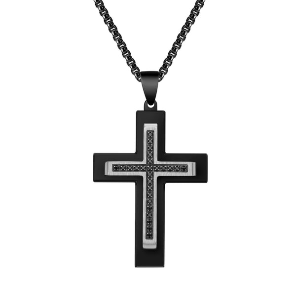 Titan by Adrian Gonzalez Black Stainless Steel 1/4 CTW Diamond 29X40MM 24" Cross Pendant