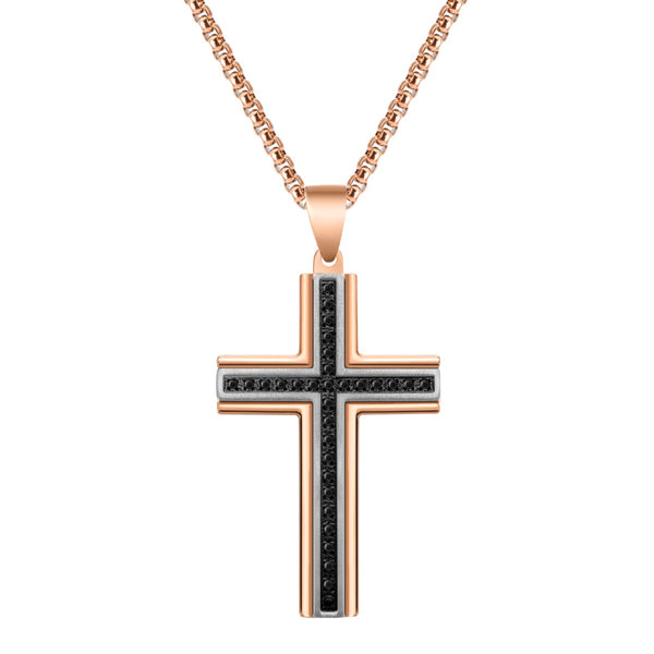 Titan by Adrian Gonzalez Two-Tone Stainless Steel 1/7 CTW Diamond 26X40MM 24" Cross Pendant