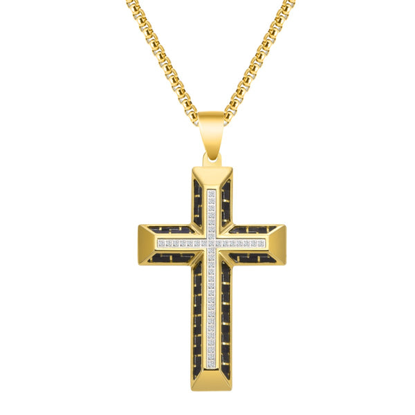 Titan by Adrian Gonzalez Yellow Stainless Steel 1/5 CTW Diamond 32X48MM 24" Carbon Fiber Cross Pendant